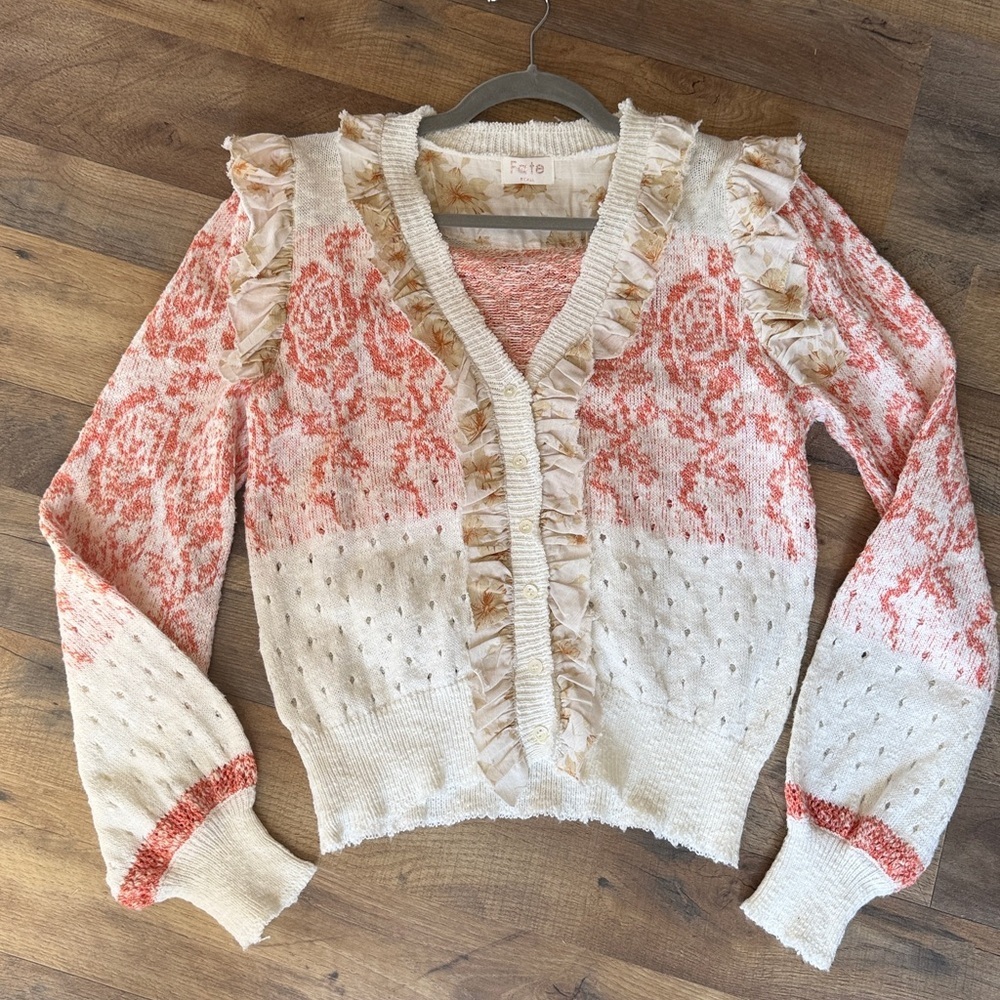 Fate ivory coral long sleeve cardigan sweater ruffle cottagecore small